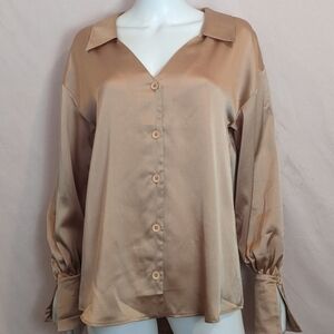 ASOS Satin Neutral Button Up Split Cuff Long Sleeve V Neck Shirt size 6